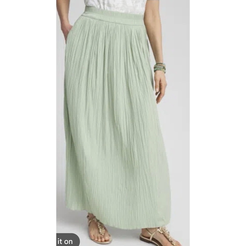 CHICO'S Pull On Sea Island Plisse Moroccan Mint Maxi Midi Crinkled Skirt 3 US XL